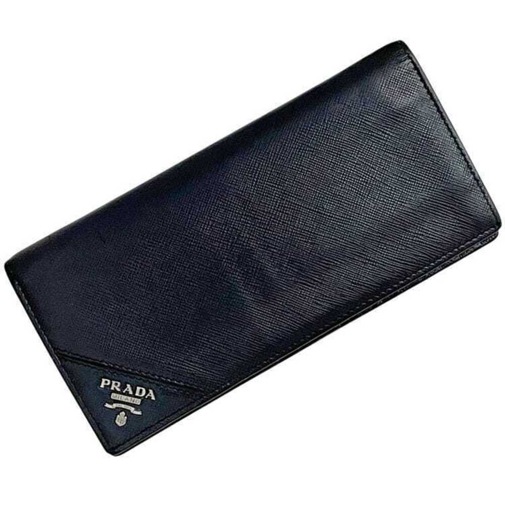 Prada Bifold Long Wallet Saffiano Leather Triangle Plate Coin Purse Navy Blue